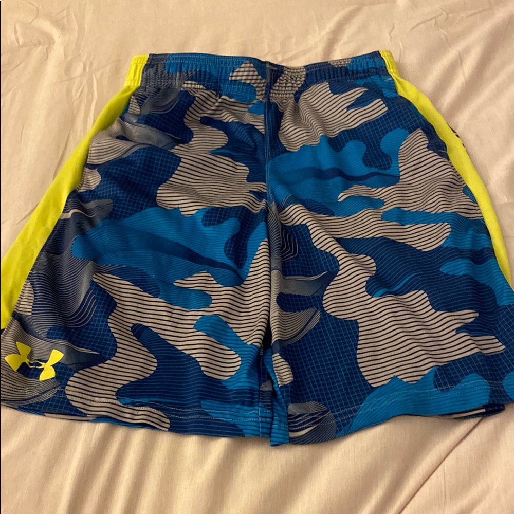 Under Armour Blue and Gray Camo Athletic Shorts with Yellow Accents